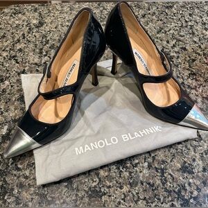 Manolo Blahnik Patent Leather Silver Cap-Toe Mary Jane Pumps - Size 35.5